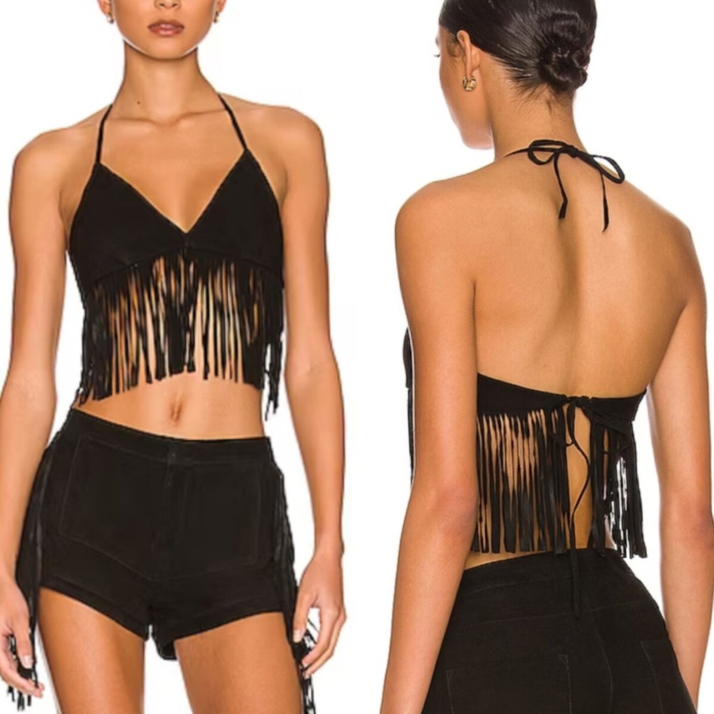 Lamarque Sabbi Fringe bralette suede black festival short set